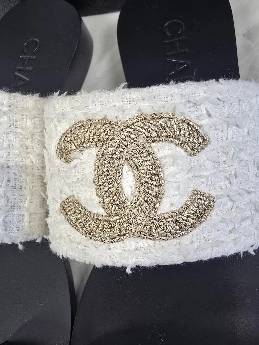 Chanel White Tweed & Gold Logo Slide Sandals